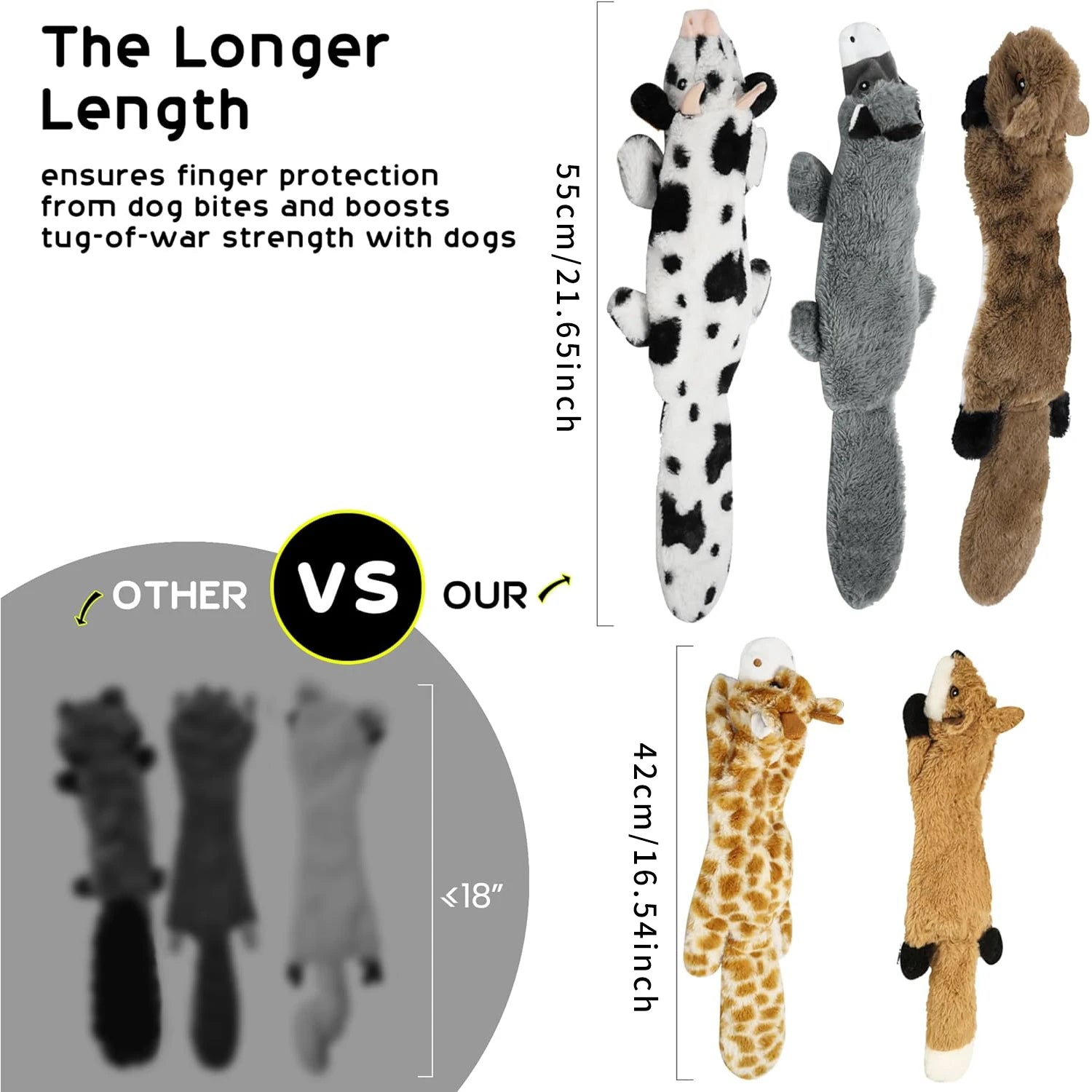 5PCS Crinkle Plush Dog Squeaky Toys Fox Giraffe Squirrel Cow Donkey Style, No Stuffing Dog Toys for Small Medium Large Dogs